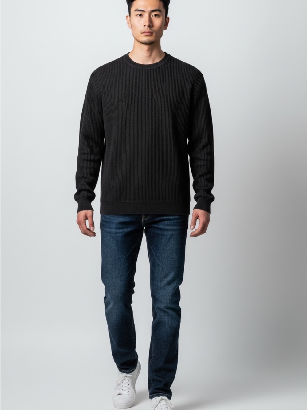 Zara Micro Waffle Knit Black Cotton Sweater Men’s M Crew Neck Long Sleeve